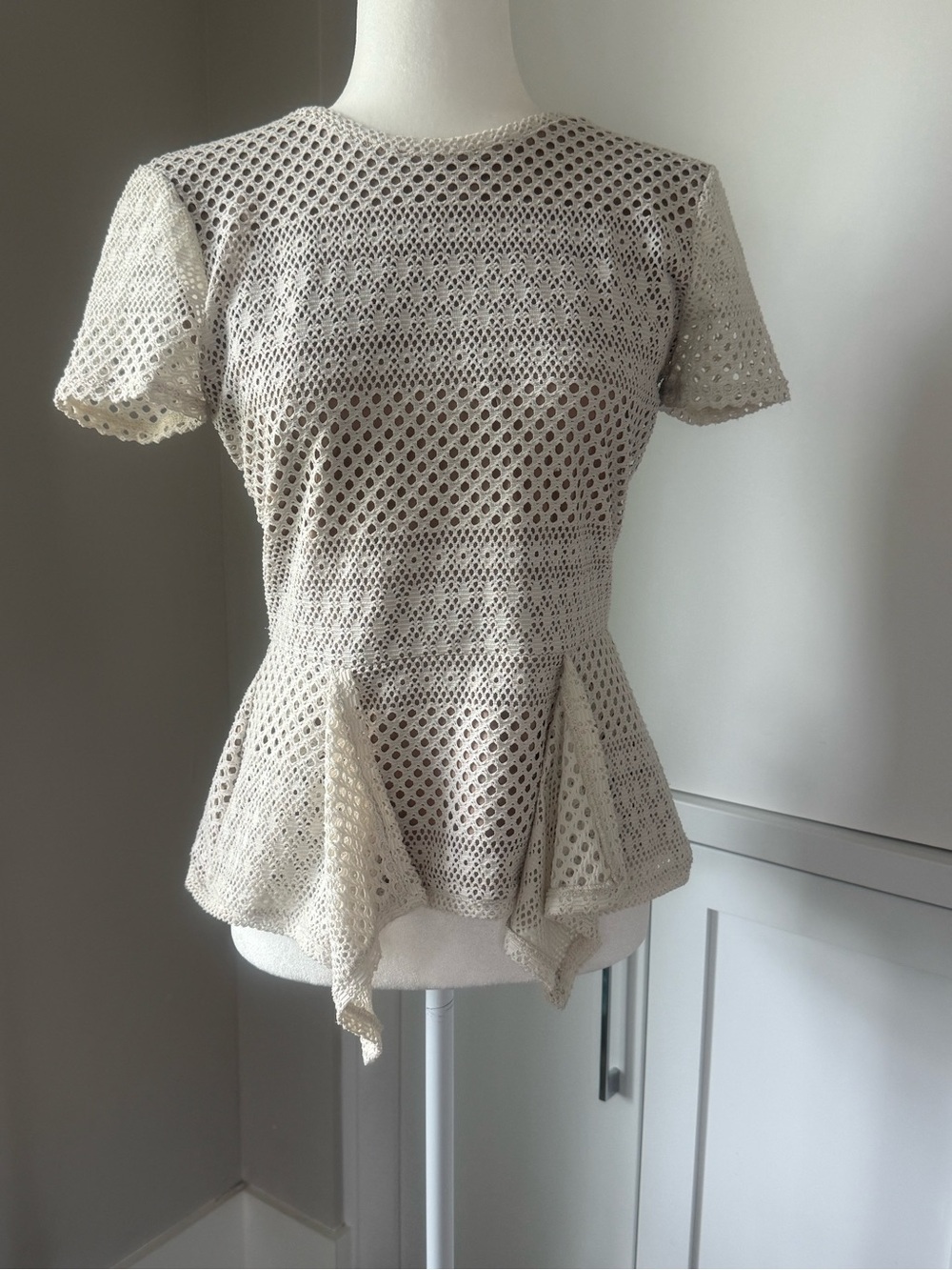 BCBGMaxAzria Cream Crochet Peplum Eyelet Top